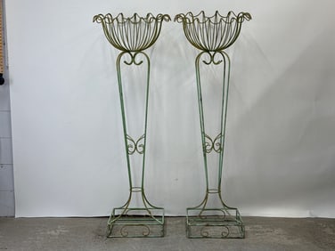 Pair of Tall Wrought Iron Garden Urn Planters