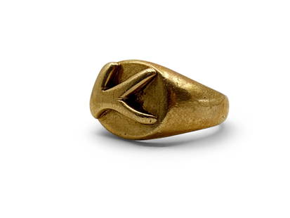 14K Yellow Gold Ring: A 14K yellow gold ring with a stylized "K" design. Marked. Size 10. 9.1 dwt. | You have additional shipping options! Philadelphia Metro area delivery, NYC curbside delivery, and other third-party