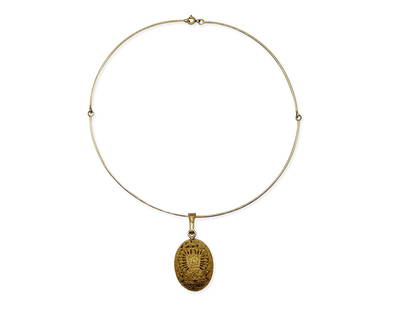 Italian 18K Yellow Gold Egg Pendant Necklace: An 18K yellow gold necklace with a reticulated pendant decorated with Incan ceremonial scenes. Marked 18K. Necklace marked Italy 18K. Approx. 16in circumference. 16 dwt. | You have additional
