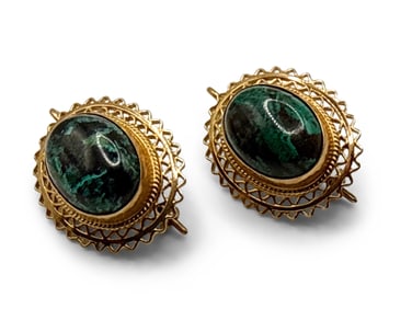 Pair of 14K Yellow Gold and Malachite Earrings