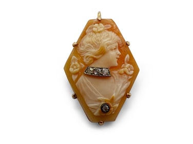10K Diamond and Cameo Pendant Brooch