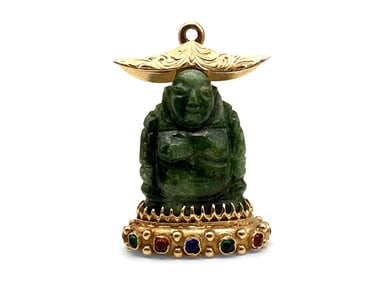 14K Yellow Gold Carved Jade Buddha Pendant