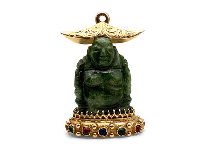14K Yellow Gold Carved Jade Buddha Pendant: A spinach green carved Buddha charm pendant set on a14K yellow gold base studded with cabochons. Marked 14K. 1-5/8in tall x 1-1/4in wide. 12.4 dwt. | You have additional shipping options!
