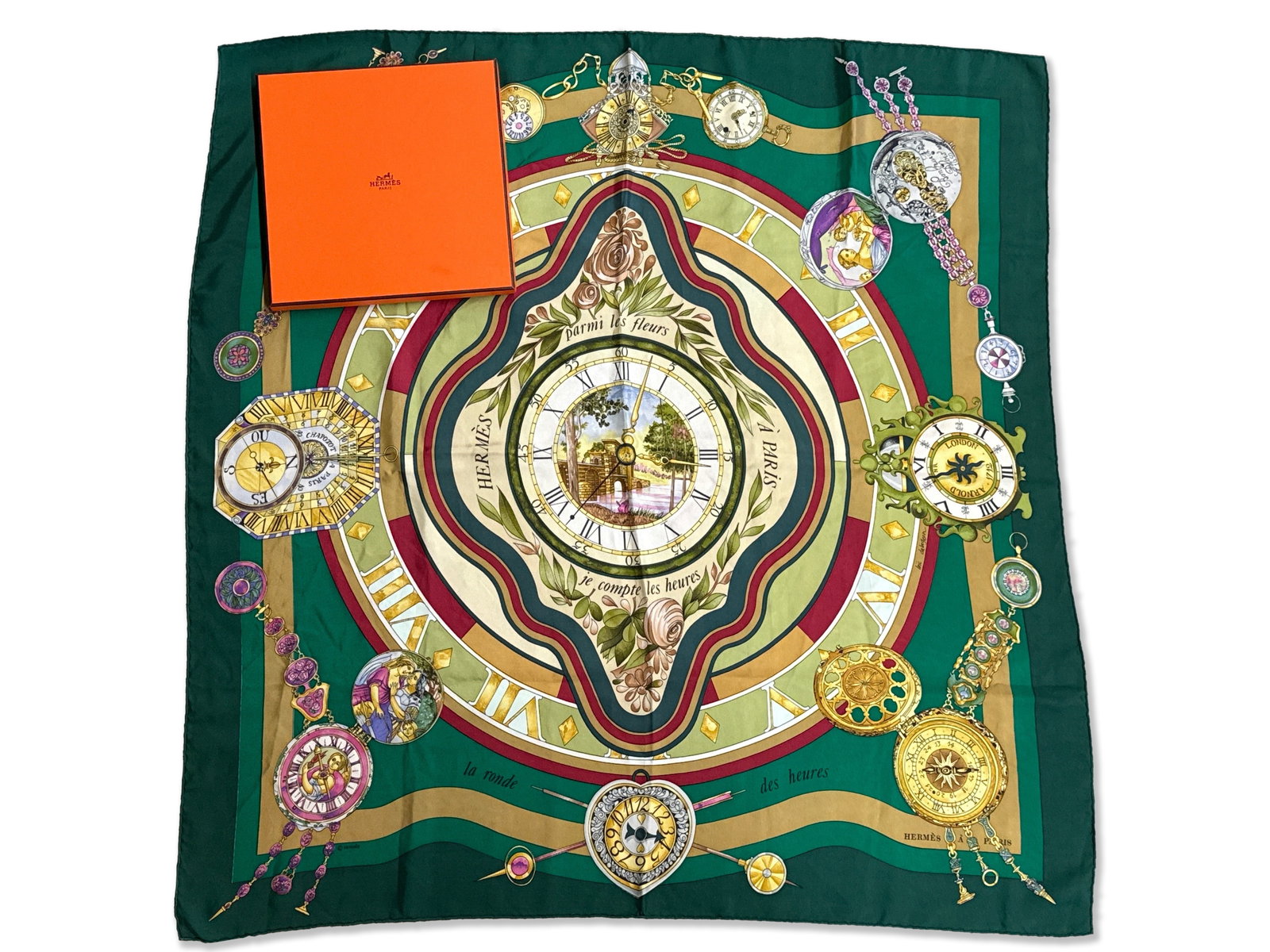 Hermès Les Fleurs/Les Heures Silk Scarf (1 of 9)