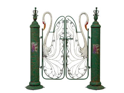 Pair of Whimsical Hand-Painted Swan Garden Gates: A pair of whimsical cast-metal garden gates featuring figural swans flanking the lock. With stakes. 54-1/2in tall x 47in wide. | You have additional shipping options! Philadelphia Metro area delivery,
