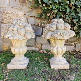 Pair of Cast Stone Floral and Fruit Compotes