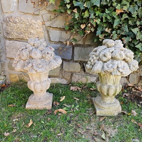 Pair of Cast Stone Floral and Fruit Garden Compotes