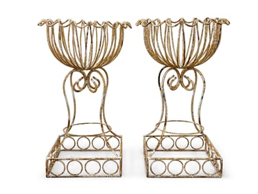Pair of Wrought Iron Garden Urn Planters