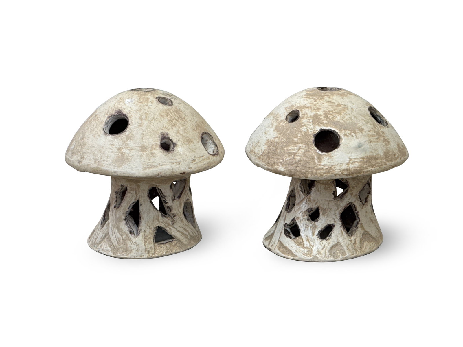 Pair of Terracotta Mushroom Garden Sculptures: A pair of terracotta mushroom garden sculptures. 12in tall x 12in wide. | You have additional shipping options! Philadelphia Metro area delivery, NYC curbside delivery, and other third-party shipper d