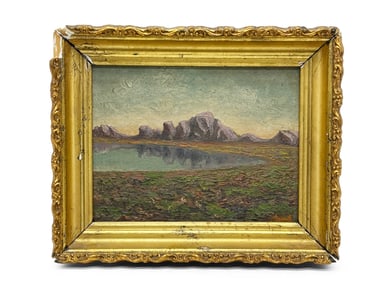 Gilt-Framed Oil/Panel: Mountain Landscape
