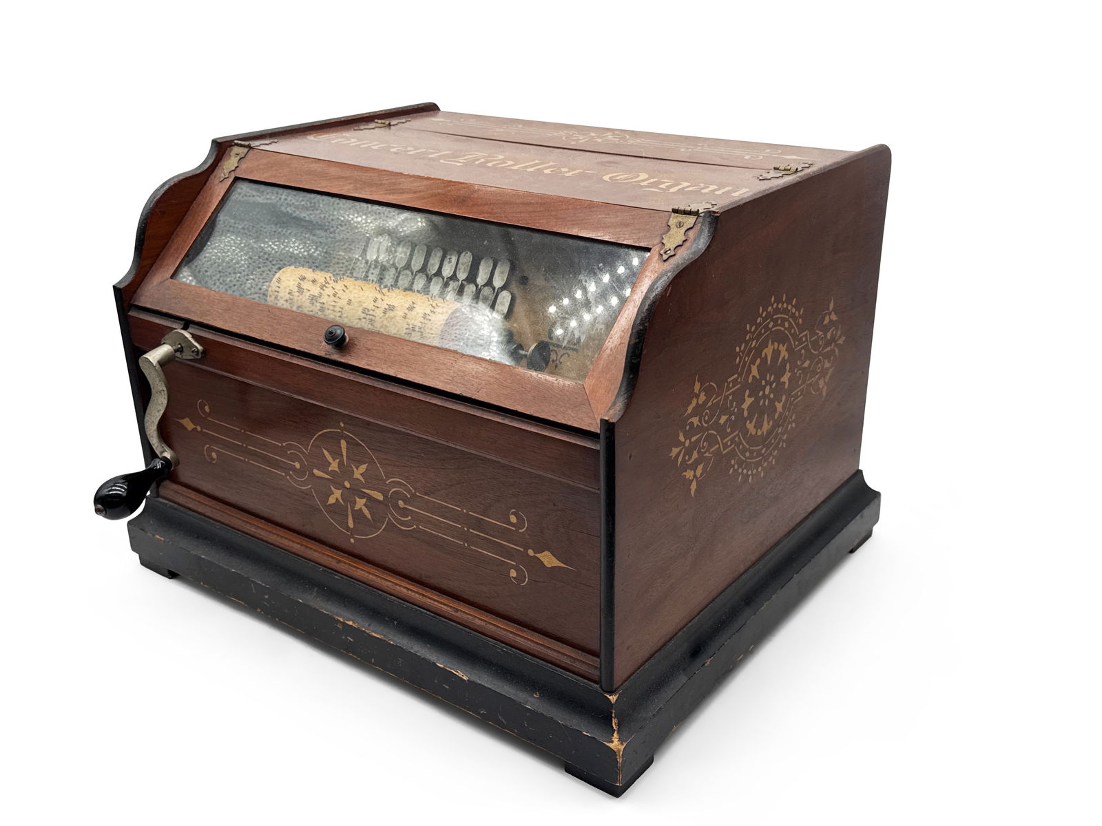 Victorian Concert Roller Organ with 27 Cobs: A Victorian concert roller organ with a stenciled case, 27 wood cobs, and hand crank. 12-1/2in tall x 15in wide. | You have additional shipping options! Philadelphia Metro area delivery, NYC curbside