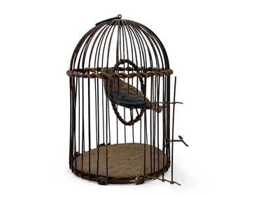 19th C. Folk Art Painted Wood & Wire Bird in Cage
