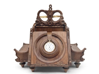 Carved Casket/Pocket Watch Stand & Waltham Pocket Watch