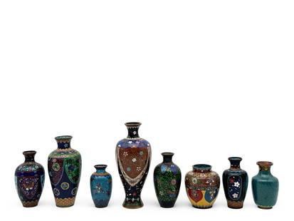 Eight Chinese Cloisonné Enameled Vases: A grouping of eight Chinese cloisonné enameled vases with floral design. Largest: 7-1/2in tall x 3in wide. | You have additional shipping options! Philadelphia Metro area delivery, NYC curbside deliv