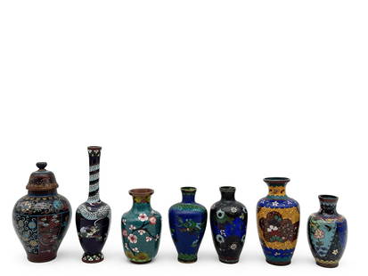 Seven Chinese Cloisonné Miniature Vases: A grouping of seven Chinese cloisonné enameled miniature vases. Largest: 7in tall. | You have additional shipping options! Philadelphia Metro area delivery, NYC curbside delivery, and other third-par