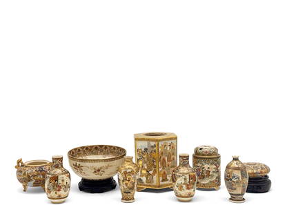 Nine Pieces of Japanese Satsuma Pottery: Nine pieces of Japanese satsuma pottery to include four miniature vases, a bowl with hardwood stand, a miniature covered jar, a lidded vase, a footed vase, and a footed censer lacking lid. Largest: 5i
