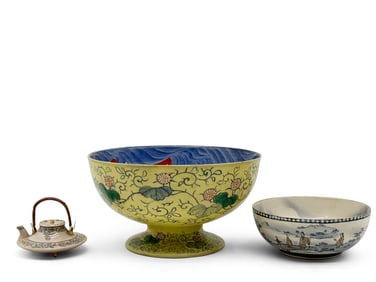 Japanese Imari Pedestal Bowl, Tea Bowl, and Teapot