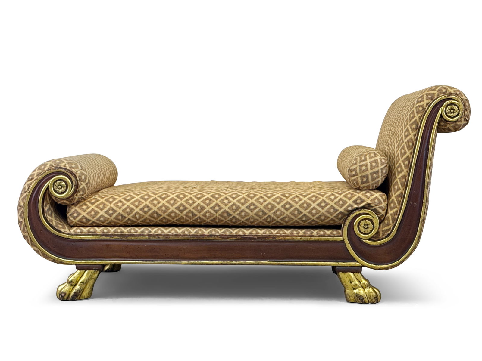 Empire-style Chaise Lounge/Fainting Couch: An Empire style chaise lounge or fainting couch with gilt accents and paw feet. 37in tall x 75in wide x 33in deep. | You have additional shipping options! Philadelphia Metro area delivery, NYC curbsid