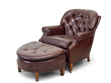 Burgundy Leather Club Chair and Ottoman