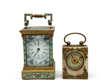 Champleve and Alabaster Carriage Clocks