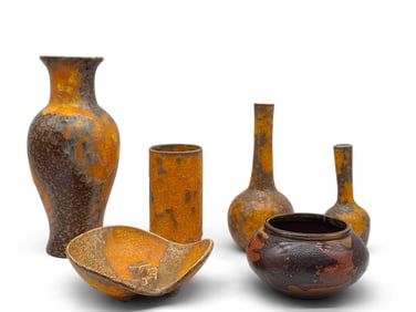 Six Pcs. Royal Haeger Orange Peel Lava Glaze Pottery