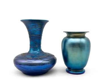 Two Durand Iridescent Blue Art Glass Vases