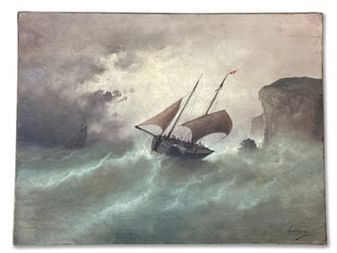 19th C. French School Oil/Canvas: Stormy Seascape