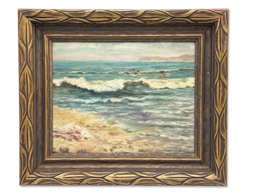 Early 20th C. Oil/Board: Seascape with Swimmers
