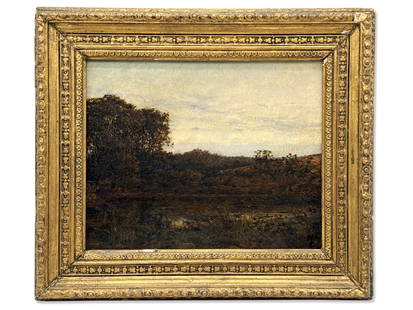 Gilt-Framed Oil/Board: Landscape: A 19th C. oil on board landscape with trees, initialed lower right. In a gilt frame. Board: 7-1/2in x 9in. Frame: 12in x 13in. | You have additional shipping options! Philadelphia Metro area delivery,