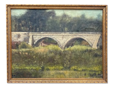 19th C. Oil/Canvas: Landscape with Bridge