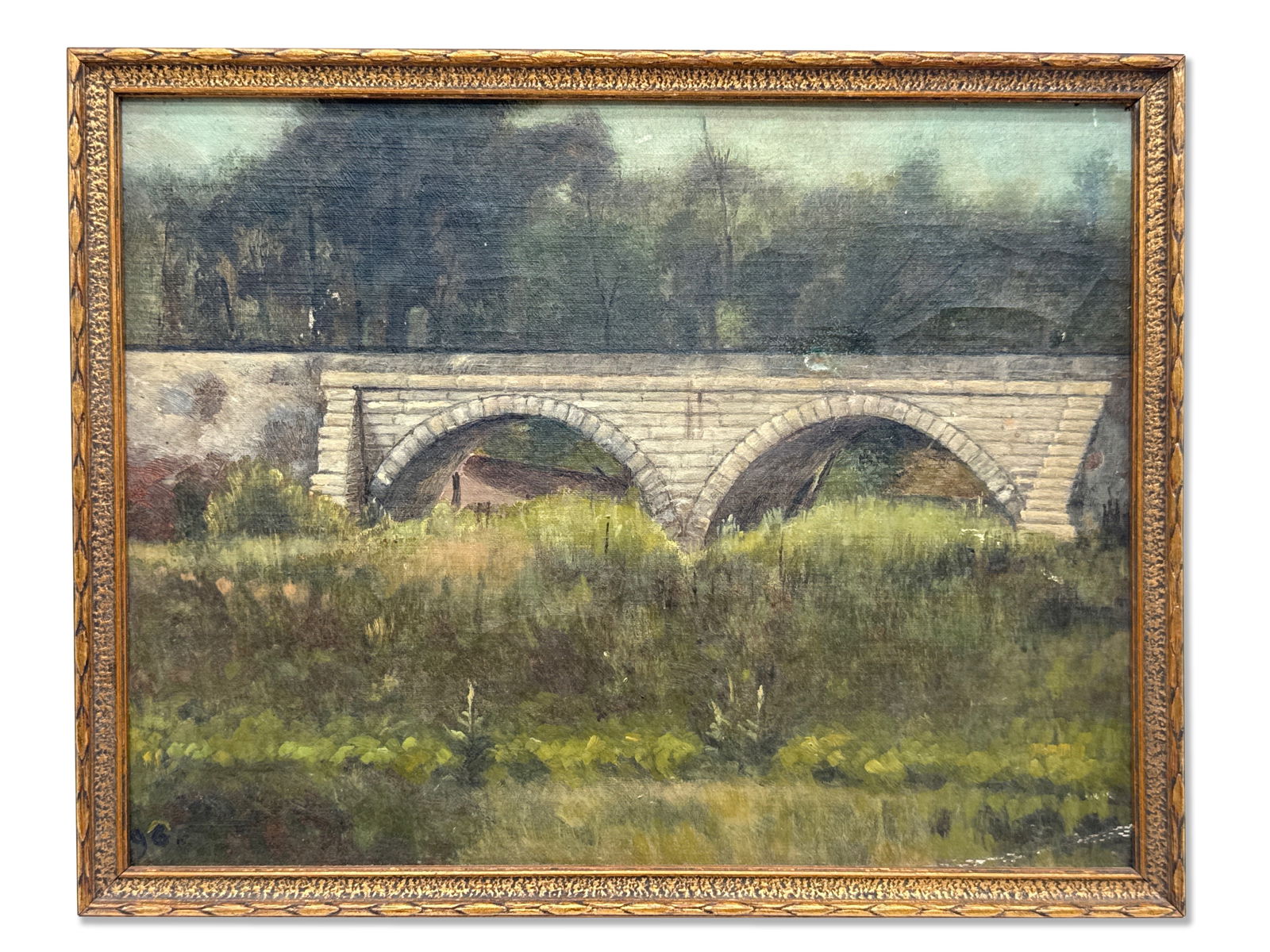 19th C. Oil/Canvas: Landscape with Bridge (1 of 5)