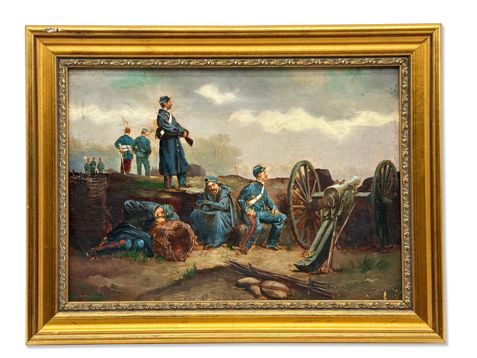 19th C. Oil/Canvas: Civil War Scene: A 19th C. oil on canvas Civil War scene. Unsigned. Canvas: 7in x 10in. Frame: 9-1/2in x 12-1/2in. | You have additional shipping options! Philadelphia Metro area delivery, NYC curbside delivery, and o