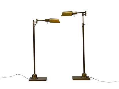Pair of Articulating Brass Adjustable Floor Lamps: A pair of articulating brass adjustable floor or reading lamps. | You have additional shipping options! Philadelphia Metro area delivery, NYC curbside delivery, and other third-party shipper details a