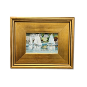 Gilt-Framed Oil/Board: Sailboats