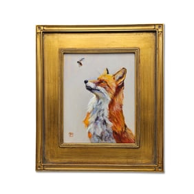 Gilt-Framed Oil/Board: Fox and Bee