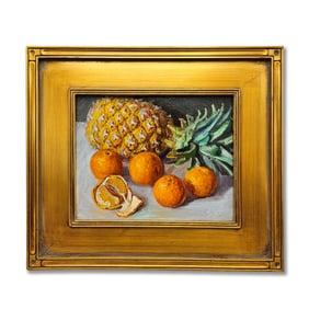 Gilt-Framed Oil/Board: Pineapple and Oranges