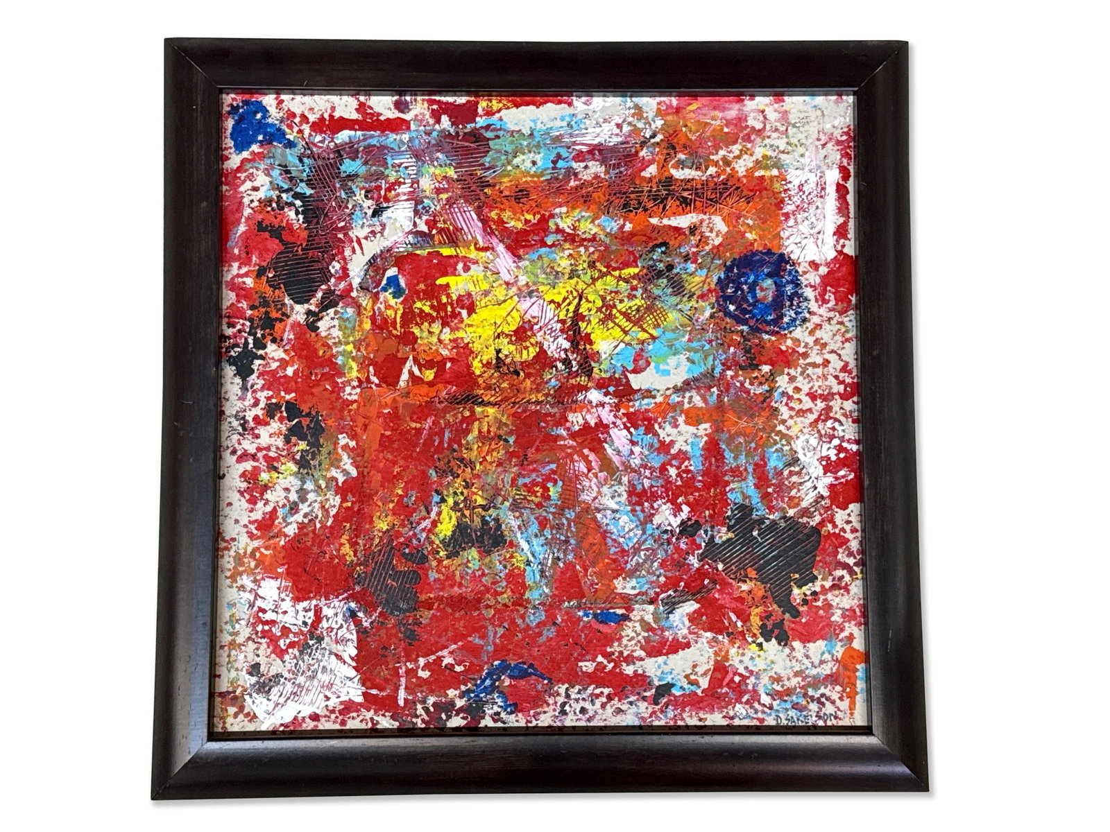 D. Sakelson Oil/Canvas: Abstract: Dennis Sakelson (Bucks County, Pennsylvania, Contemporary). A colorful oil on canvas modernist abstract. Signed lower right. Frame opening: 23in x 23in. Frame: 28in x 28in. | You have additional shipp