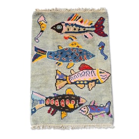 Light Blue Hand-Knotted Wool Fish Carpet, 3ft x 2ft