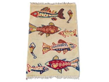 Cream Hand-Knotted Wool Fish Carpet, 3ft x 2ft