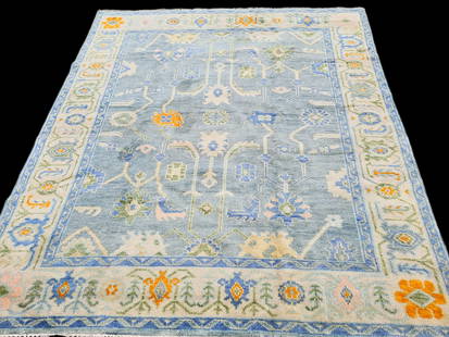 Hand-Knotted Turkish Carpet, 9ft 9in x 7ft 11in: A hand-knotted Turkish light blue room- size carpet. 9ft 9in x 7ft 11in. | You have additional shipping options! Philadelphia Metro area delivery, NYC curbside delivery, and other third-party shipper