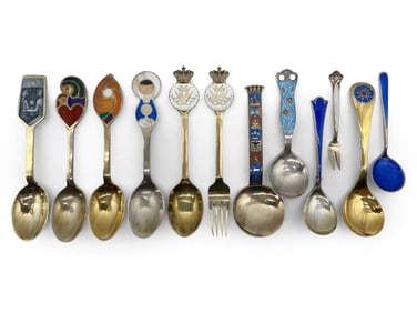 Scandinavian Enameled Sterling Flatware Grouping