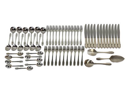 Georg Jensen Beaded Sterling Silver Flatware Service: A 59-piece Georg Jensen sterling silver flatware service in the "Beaded" pattern comprised 12 dinner forks, 11 salad forks, 12 soup spoons, 9 side spoons, 12 dinner knives, and 3 serving utensils. 72