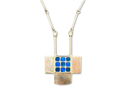 David Andersen Modernist Enameled Pendant: A Bjorn Sigurd Ostern/David Andersen, Norway, modernist enameled sterling silver pendant necklace with chain. Pendant approx. 2-1/2in x 1-3/4in. Chain: 21in long. | You have additional shipping option