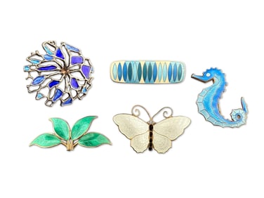 Five David Andersen Modernist Enameled Sterling Brooches