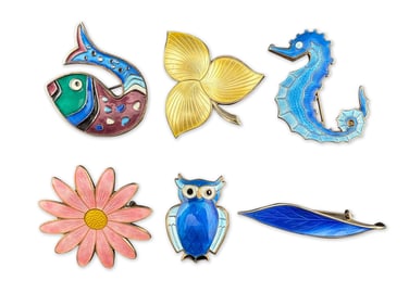 Six Scandinavian Modern Enameled Silver Brooches