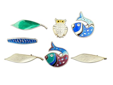 Seven Modernist David Andersen Enameled Silver Brooches