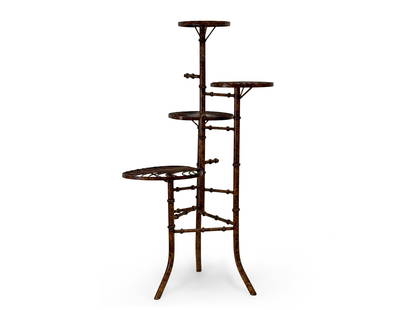 Faux Bamboo Iron Tiered Plant Stand: A faux bamboo painted iron plant stand with leaf-form tiered shelves. 40in tall x 22in wide. | You have additional shipping options! Philadelphia Metro area delivery, NYC curbside delivery, and other