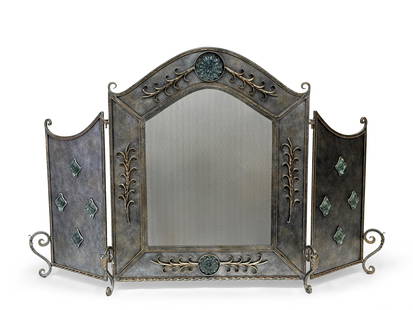 Mixed-Metal and Glass Fireplace Screen & Tools: A highly decorative Gothic-style mixed-metal three-panel fireplace screen with art glass insets, and matching tool set on stand. Screen: 34-3/4in tall x 52in wide as shown. Tool set: 36in tall. | You