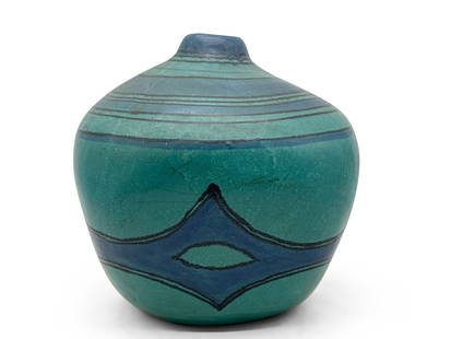 Glidden Pottery Gulfstream Vase: A Glidden pottery Gulfstream vase with turquoise and blue glaze, designed by Fong Chow. Glidden mark underneath. 10-1/2in tall x 9in wide. | You have additional shipping options! Philadelphia Metro ar