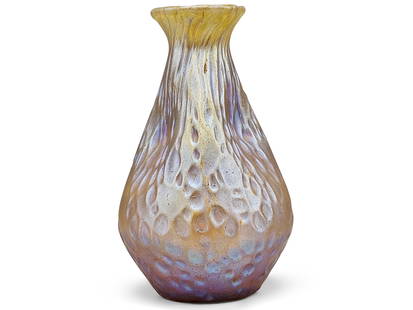 Loetz Art Glass Diaspora Candia Vase: A Loetz art glass Diaspora Candia vase with pink iridescent exterior. 6in tall x 3-1/2in wide. | You have additional shipping options! Philadelphia Metro area delivery, NYC curbside delivery, and othe